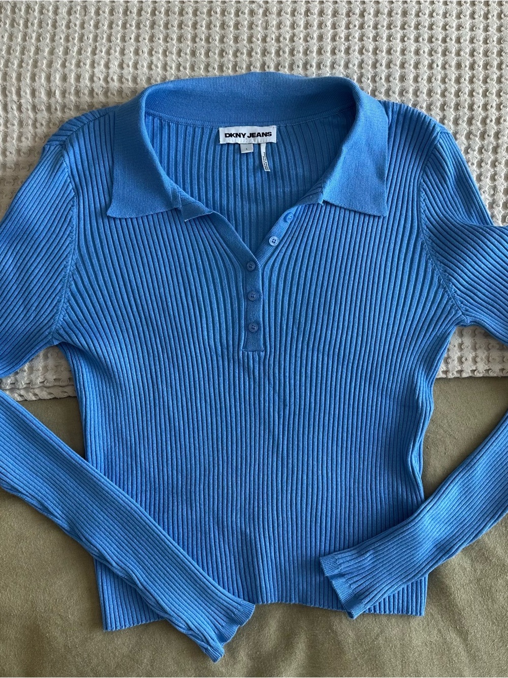 Dkny Women's Ribbed Long-Sleeve Polo Sweater - Bright Blue